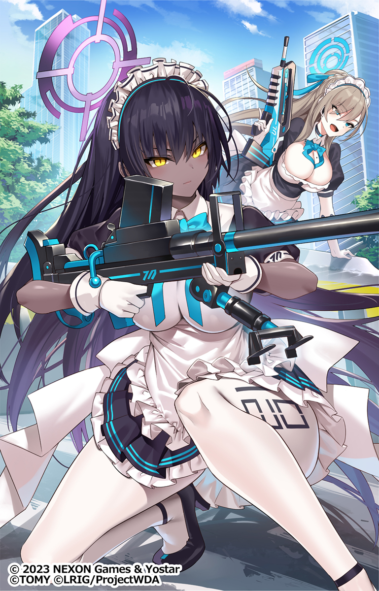 2girls :d apron asuna_(blue_archive) black_footwear black_hair blue_archive blue_eyes blue_halo blush breasts closed_mouth commentary_request dark-skinned_female dark_skin day gloves grey_hair gun hair_between_eyes halo high_heels highres holding holding_gun holding_weapon karin_(blue_archive) large_breasts long_hair maid_headdress official_art open_mouth outdoors purple_halo short_sleeves skirt smile takamine_nadare thighs weapon white_apron white_gloves white_headwear wixoss yellow_eyes