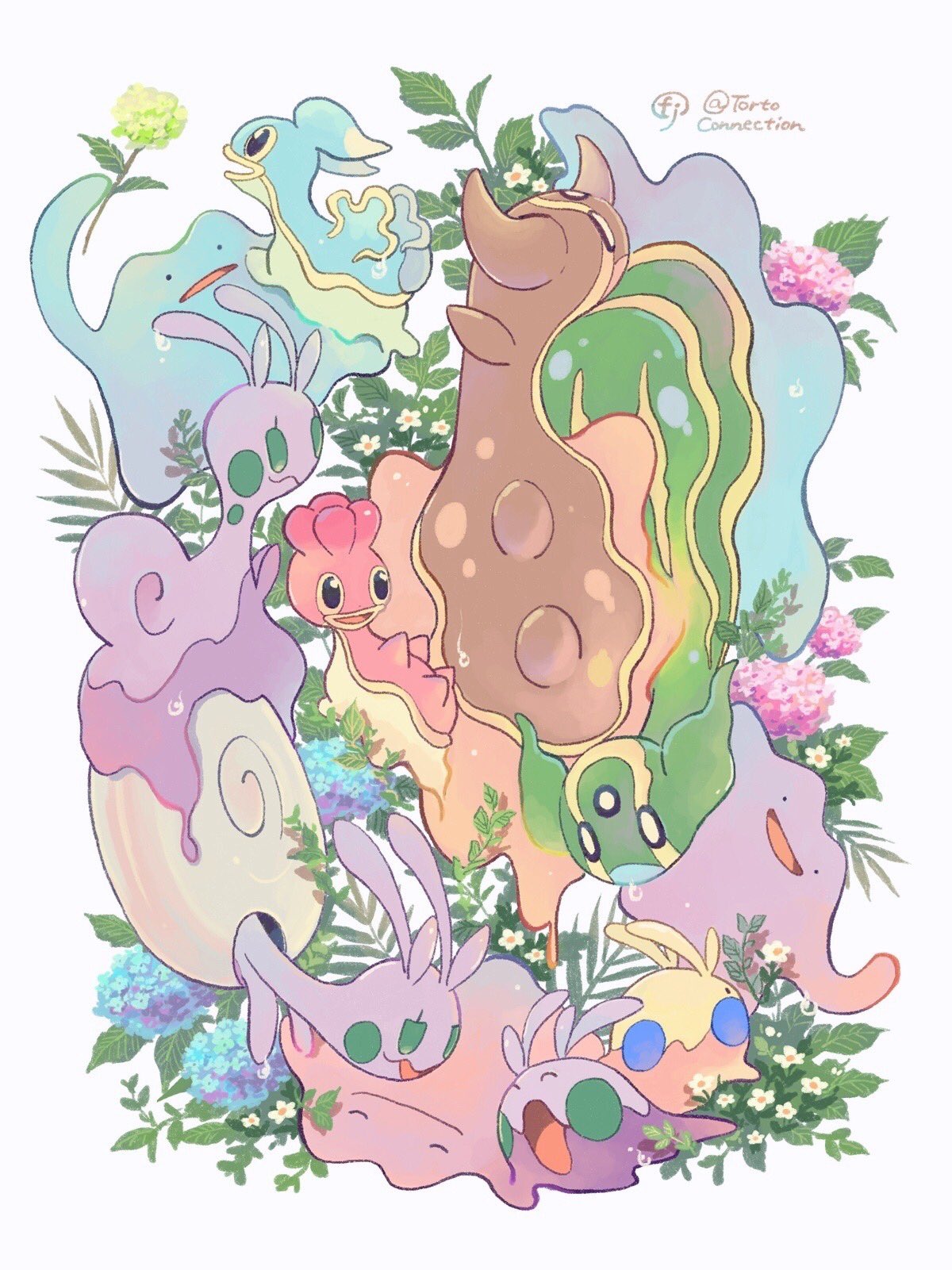 :d ^_^ alternate_color arm_up black_eyes blue_flower chikafuji closed_eyes commentary_request ditto evolutionary_line flower gastrodon gastrodon_(east) gastrodon_(west) goomy green_eyes green_flower highres hisuian_sliggoo holding holding_flower hydrangea leaf looking_at_another no_humans open_mouth pink_flower plant pokemon pokemon_(creature) shellos shellos_(east) shellos_(west) shiny_pokemon simple_background sliggoo smile solid_circle_eyes white_background white_flower