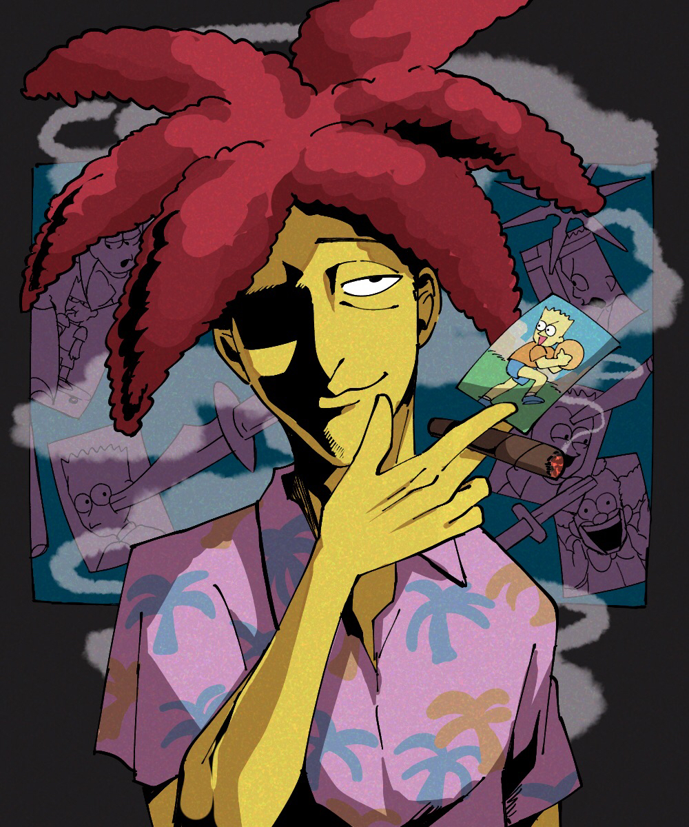 1boy bart_simpson black_eyes cigar closed_mouth colored_skin commentary_request grey_background hawaiian_shirt highres holding holding_cigar knife male_focus photo_(object) pink_shirt redhead satou_(ultrmngrtsrt) shaded_face shirt short_hair short_sleeves shuriken sideshow_bob smile smoking solo spiky_hair the_simpsons upper_body weapon yellow_skin