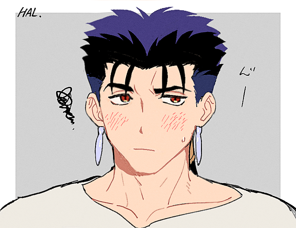 1boy blue_hair blush border closed_mouth collarbone cu_chulainn_(fate) fate/stay_night fate_(series) frown hal_(haaaalhal) looking_to_the_side male_focus ponytail red_eyes shirt silver_earrings solo squiggle sweatdrop translation_request upper_body white_border white_shirt