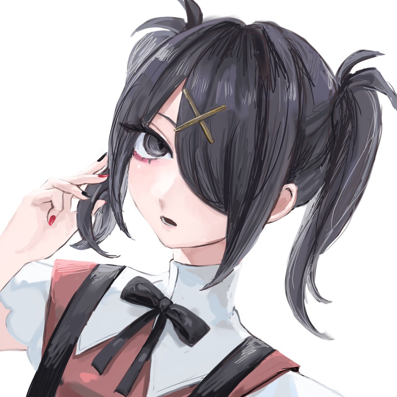 1girl ame-chan_(needy_girl_overdose) black_eyes black_hair black_nails black_ribbon collared_shirt commentary hair_ornament hair_over_one_eye hairclip hand_up highres long_hair looking_at_viewer multicolored_nails nail_polish neck_ribbon needy_girl_overdose open_mouth red_nails red_shirt ribbon sanmanako shirt simple_background solo suspenders symbol-only_commentary twintails upper_body white_background x_hair_ornament