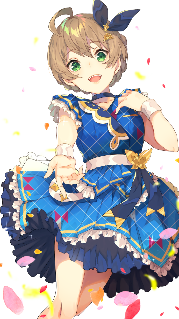1girl ahoge blue_choker blue_dress blue_ribbon blurry blurry_foreground blush bow braid breasts brown_hair choker collarbone cowboy_shot dot_nose dress falling_petals frilled_dress frills green_eyes hair_between_eyes hair_bow hair_ribbon hand_up highres idolmaster idolmaster_million_live! idolmaster_million_live!_theater_days kurotea large_breasts light_brown_hair looking_at_viewer open_mouth petals plaid plaid_dress reaching reaching_towards_viewer ribbon sakuramori_kaori short_hair short_sleeves simple_background smile solo sparkle standing teeth upper_teeth_only white_background white_wristband