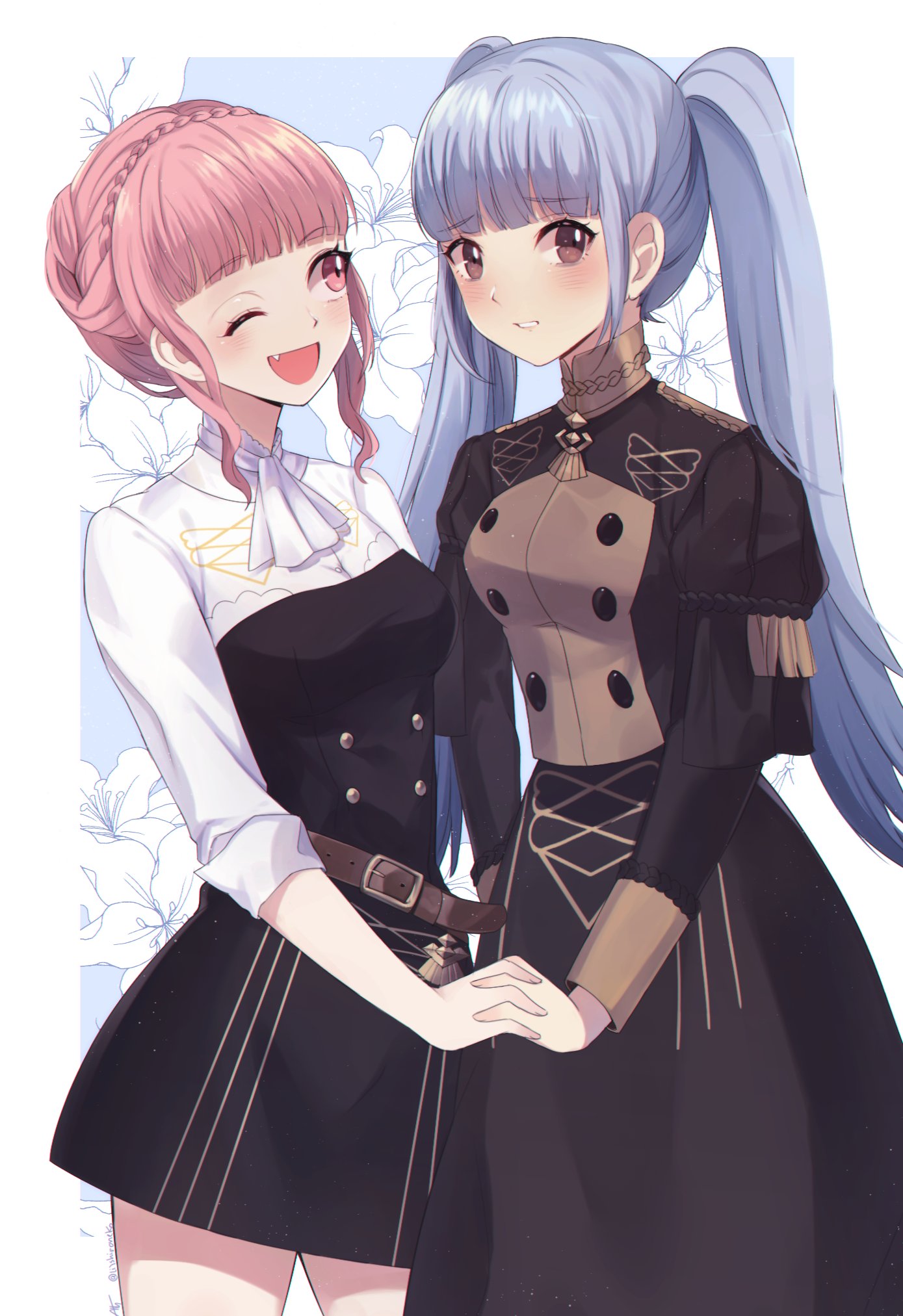 2girls alternate_hairstyle ascot belt blue_background blue_hair blunt_bangs blush braid breasts brown_eyes buttons crown_braid english_commentary fang fire_emblem fire_emblem:_three_houses floral_background garreg_mach_monastery_uniform hairstyle_switch highres hilda_valentine_goneril holding_hands lilshironeko long_hair marianne_von_edmund medium_breasts medium_hair multiple_girls one_eye_closed open_mouth pink_eyes pink_hair sidelocks smile solo teeth twintails