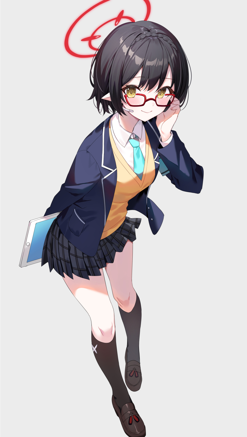 1girl ayane_(blue_archive) black_footwear black_hair black_jacket black_skirt black_socks blue_archive blue_necktie blush closed_mouth collared_shirt full_body glasses grey_background halo highres holding holding_tablet_pc jacket kneehighs long_sleeves looking_at_viewer necktie open_clothes open_jacket plaid plaid_skirt pleated_skirt pointy_ears red-framed_eyewear red_halo shirt shoes short_hair simple_background skirt smile socks solo tablet_pc vest white_shirt yellow_eyes yellow_vest yon_(letter)