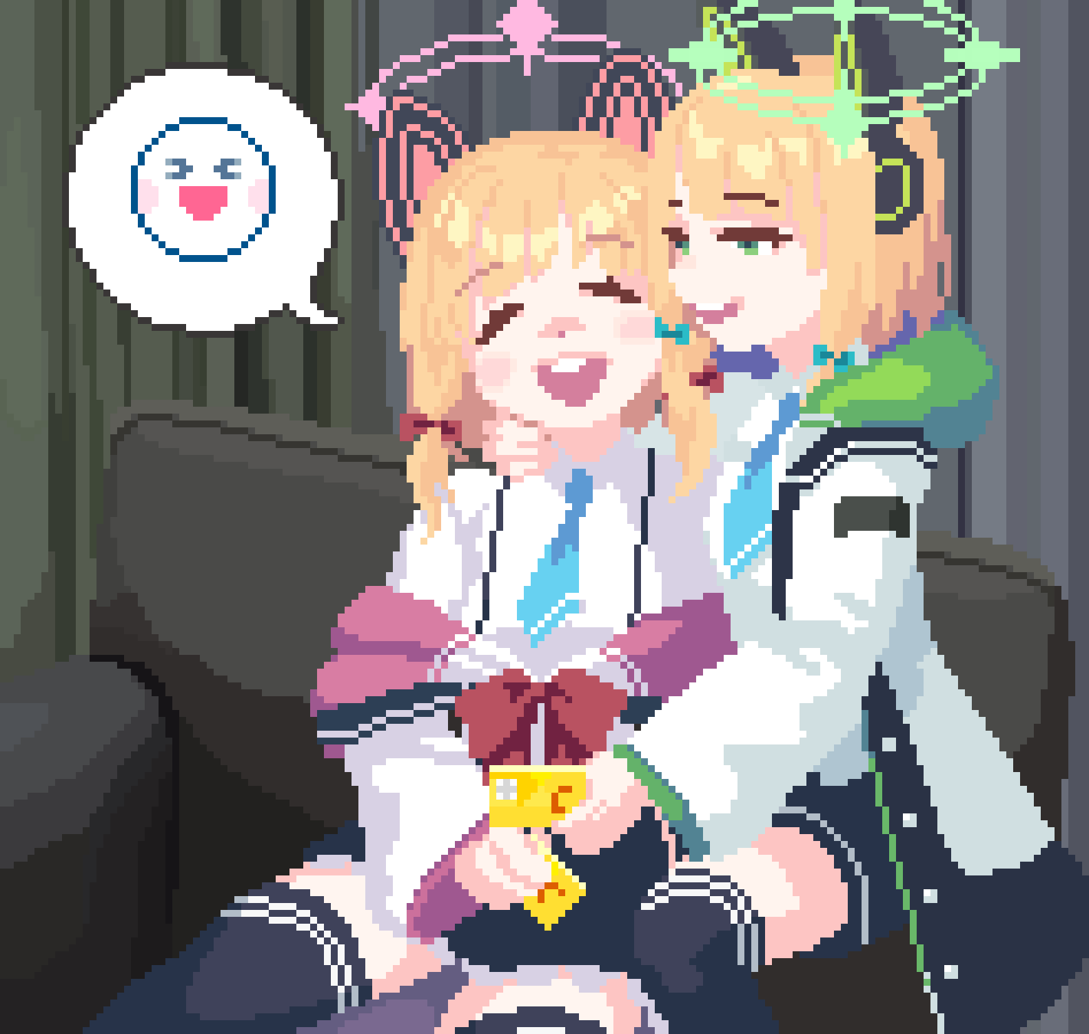 2girls animal_ear_headphones animal_ears black_skirt black_thighhighs blackredhat blonde_hair blue_archive blue_bow blue_necktie blush bow chinese_commentary closed_eyes collared_shirt commentary_request couch fake_animal_ears feet_out_of_frame gaba_ana_daddy green_eyes green_halo hair_bow halo hand_on_another's_neck headphones highres holding hood hooded_jacket jacket manatsu_no_yo_no_inmu medium_bangs medium_hair midori_(blue_archive) momoi_(blue_archive) multiple_girls necktie open_mouth pink_halo pixel_art red_bow round_teeth shirt sitting skirt smile teeth thigh-highs