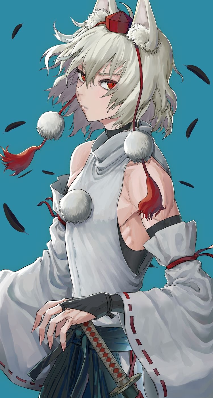 1girl armpits black_skirt blue_background detached_sleeves falling_feathers fingernails harapan-kun highres inubashiri_momiji looking_at_viewer pom_pom_(clothes) red_eyes red_headwear serious sharp_fingernails shirt skirt sleeveless solo sword touhou weapon white_hair white_shirt white_sleeves