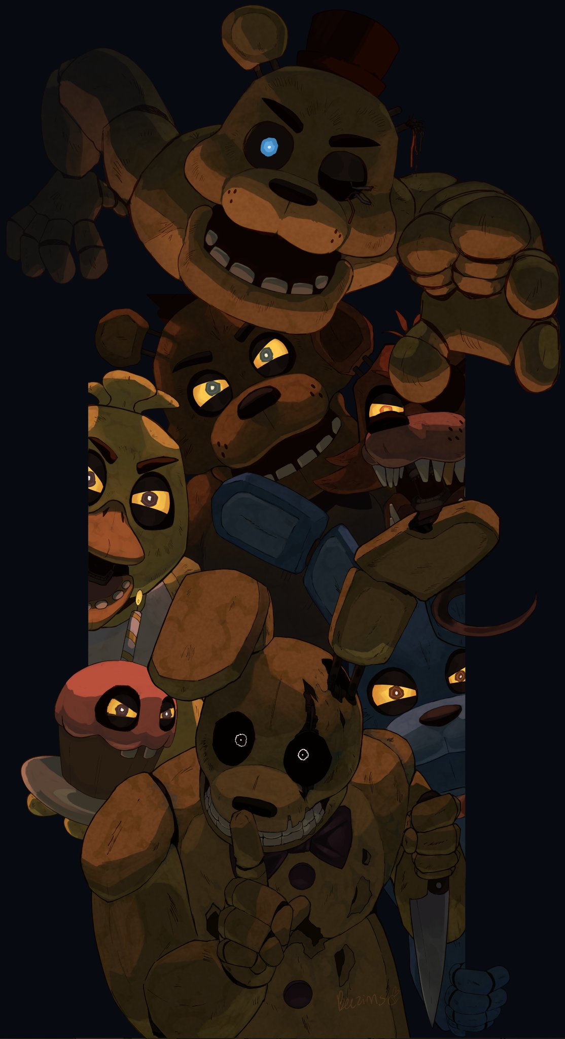 1girl 6+boys bear beezims bird blue_eyes bonnie_(fnaf) bow bowtie broken brown_eyes buck_teeth chica chicken colored_sclera cupcake fez_hat finger_to_mouth five_nights_at_freddy's food fox foxy_(fnaf) freddy_fazbear glowing glowing_eyes golden_freddy grey_eyes highres holding holding_knife horror_(theme) knife looking_at_viewer mr._cupcake multiple_boys one-eyed orange_eyes outstretched_arm plate red_bow red_bowtie robot sharp_teeth signature smile spring_bonnie_(fnaf) teeth white_eyes yellow_sclera