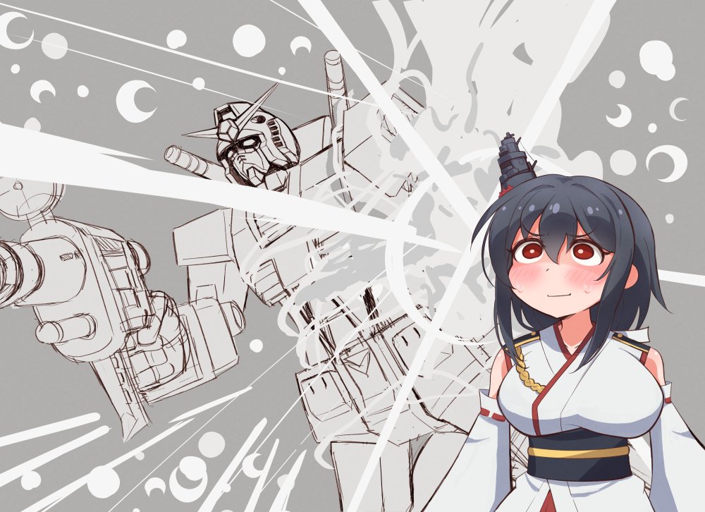1girl black_hair breasts commentary_request crossover detached_sleeves epaulettes gundam headgear japanese_clothes kantai_collection kuroten large_breasts mecha mobile_suit_gundam nontraditional_miko red_eyes robot rx-78-2 short_hair solo wide_sleeves yamashiro_(kancolle)