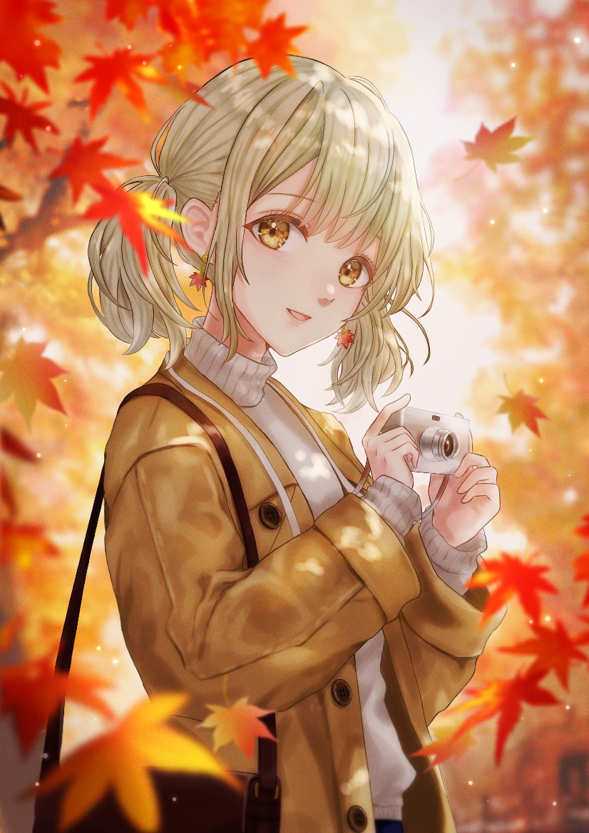 1girl autumn autumn_leaves avrcsl azusawa_kohane bag blonde_hair blue_pants blunt_bangs brown_bag brown_coat camera coat commentary_request dappled_sunlight earrings falling_leaves grey_sweater handbag holding holding_camera jewelry lanyard leaf leaf_print looking_at_viewer maple_leaf maple_leaf_print pants project_sekai sidelocks solo sunlight sweater twintails yellow_eyes