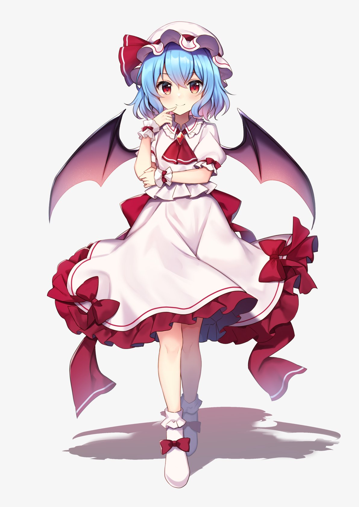 1girl ascot bat_wings blue_hair bow footwear_bow frilled_skirt frills hat highres mob_cap red_ascot red_eyes red_ribbon ribbon ruhika shadow skirt solo standing touhou white_footwear wings