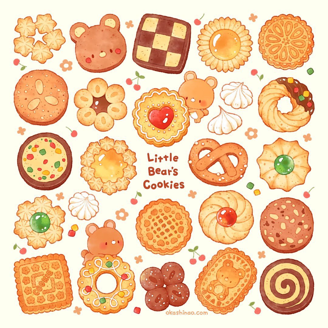 animal-themed_food animal_ears animal_focus artist_name bear bear_ears blush_stickers brown_eyes cherry commentary cookie english_commentary english_text floral_background food food_focus fruit heart-shaped_cookie meringue mixed-language_commentary no_humans okashi_nao original pretzel solid_oval_eyes star-shaped_cookie white_background