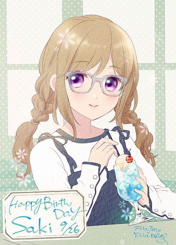 1girl blue_overalls blush braid buttoned_cuffs character_name cherry closed_mouth dated dot_nose drink drinking_straw faux_traditional_media food fruit fukuda_fukutarou glasses grey-framed_eyewear happy_birthday holding holding_drink ice ice_cream ice_cube idoly_pride light_brown_hair long_hair long_sleeves looking_at_viewer overalls shiraishi_saki shirt sidelocks smile solo swept_bangs twin_braids upper_body violet_eyes white_shirt