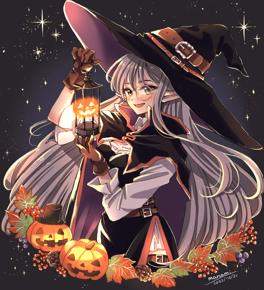 1girl artist_name belt black_cape black_dress black_headwear blush brown_belt brown_eyes brown_gloves cape collared_shirt commentary dated dress from_side gloves glowing grey_hair halloween hand_up hat_belt holding holding_lantern jack-o'-lantern lantern leaf long_hair long_sleeves monocle night night_sky open_mouth original outdoors pointy_ears pumpkin shirt signature sky smile solo sparkle star_(sky) starry_sky sugano_manami white_shirt witch