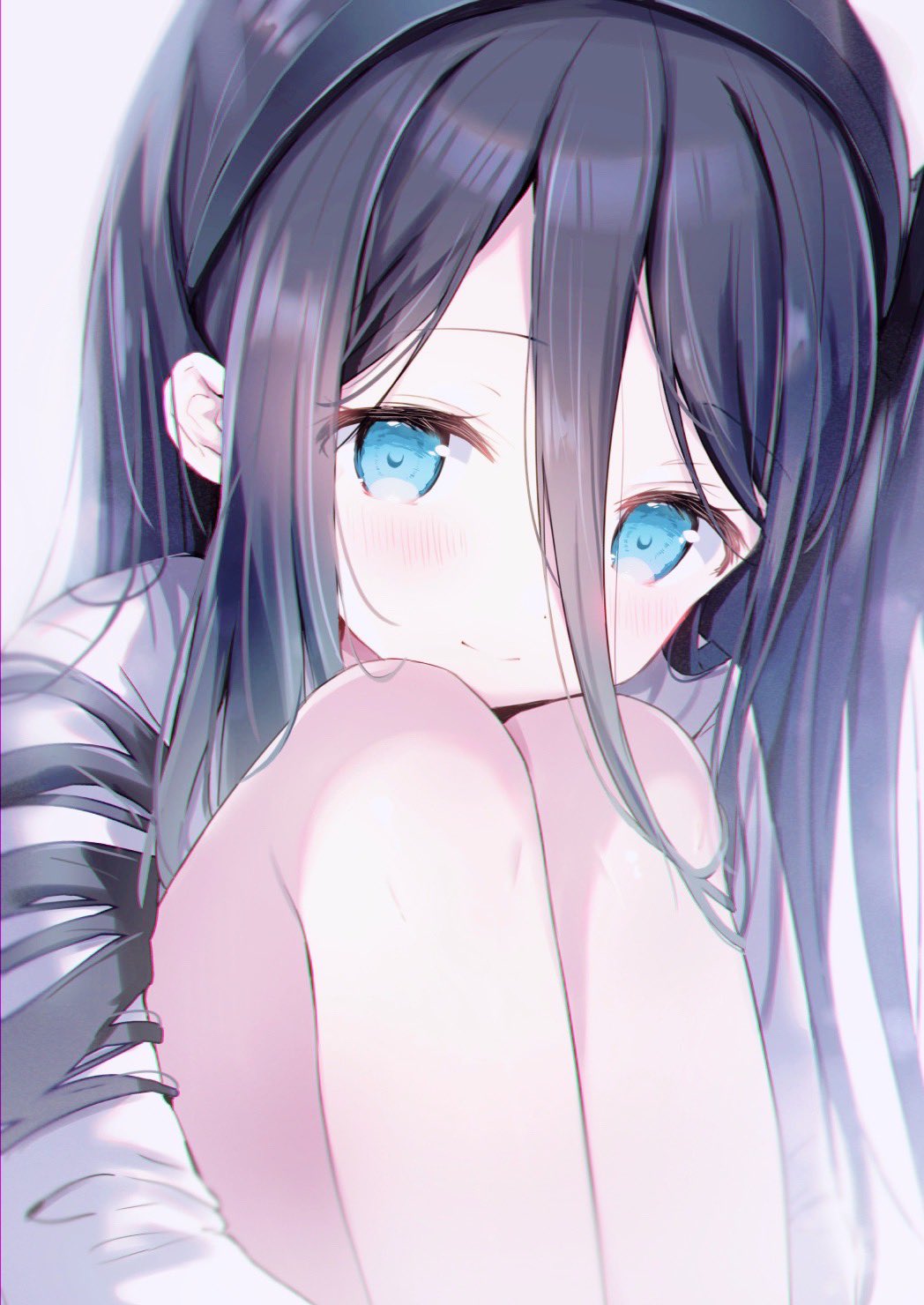 1girl amedamacon aris_(blue_archive) black_hair black_hairband blue_archive blue_eyes blush closed_mouth commentary_request feet_out_of_frame hair_between_eyes hairband highres hugging_own_legs knees_up long_hair looking_at_viewer one_side_up shirt sitting smile solo very_long_hair white_shirt