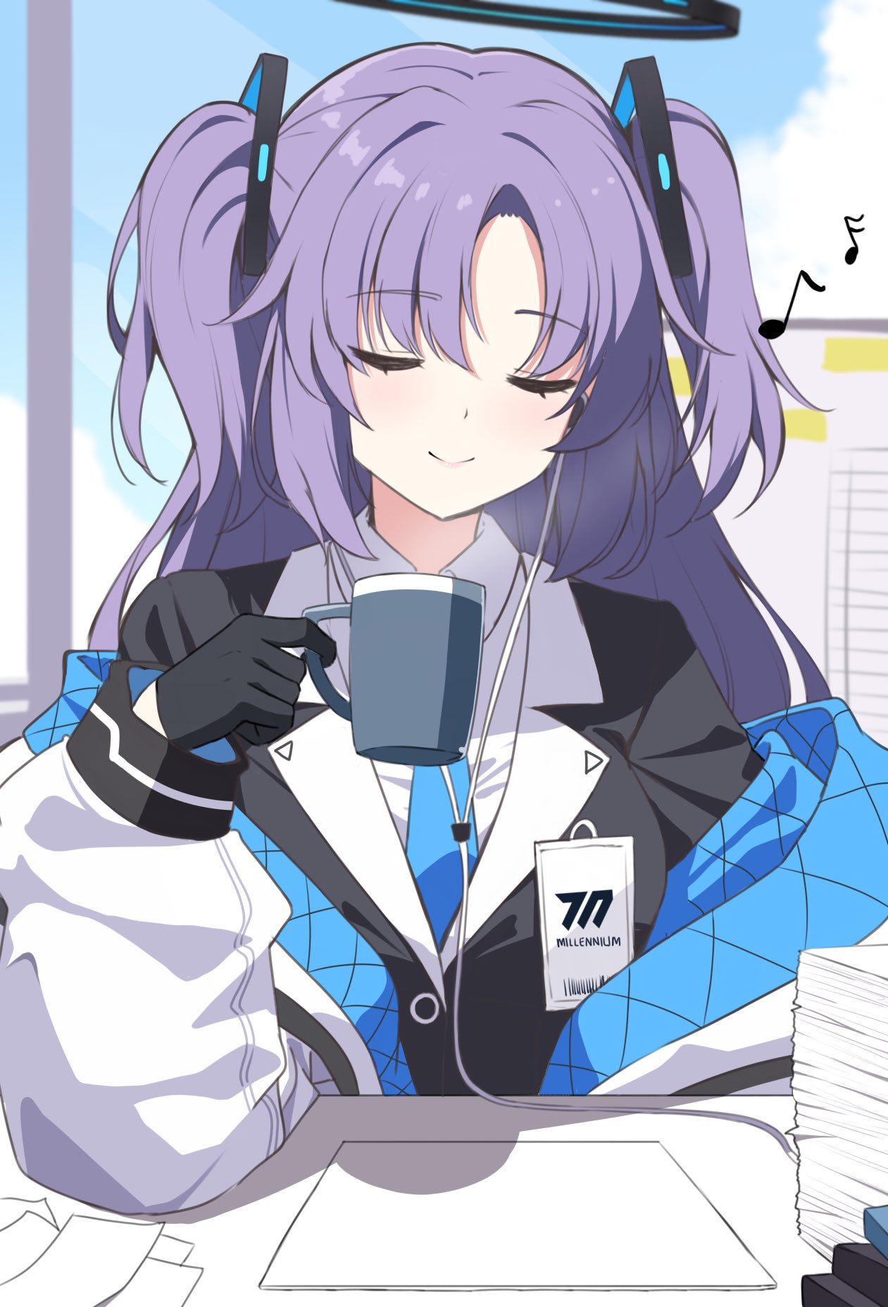 1girl black_gloves blue_archive blue_necktie breasts closed_eyes closed_mouth collared_shirt cup eighth_note gloves halo highres holding holding_cup id_card jacket large_breasts long_hair long_sleeves mechanical_halo musical_note necktie paper purple_hair reia_76 shirt sixteenth_note smile solo suit two-sided_fabric two-sided_jacket two_side_up upper_body white_jacket white_shirt yuuka_(blue_archive)