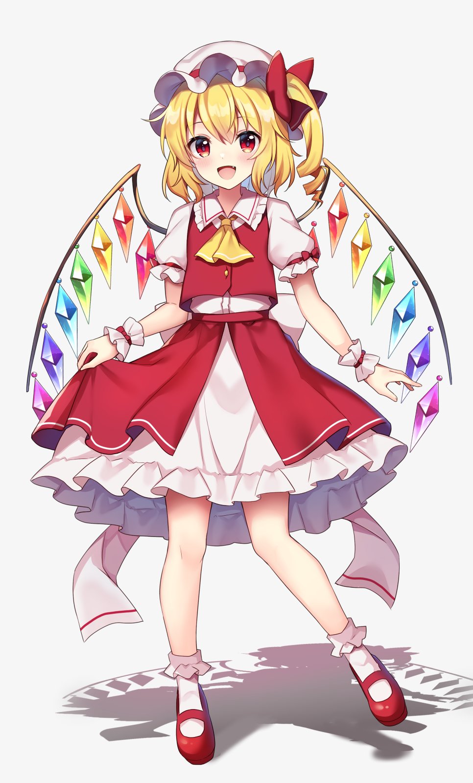 1girl ascot blonde_hair flandre_scarlet frilled_skirt frills hat highres mob_cap multicolored_wings one_side_up red_eyes red_footwear ruhika shadow skirt solo standing touhou wings yellow_ascot