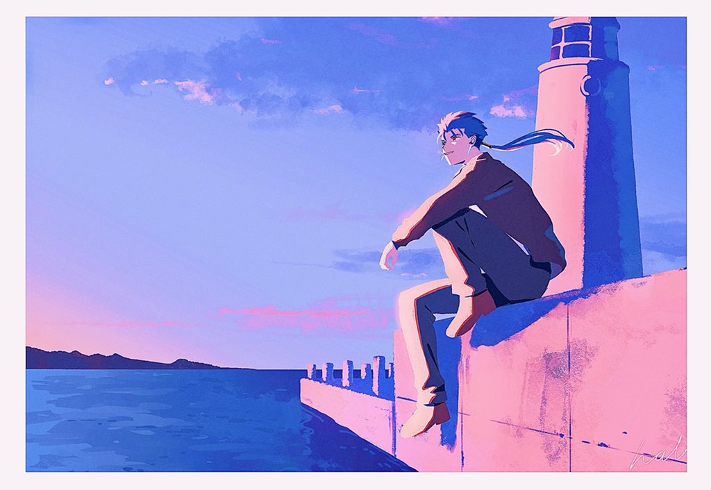 1boy black_jacket black_pants blue_hair border brown_footwear clouds cu_chulainn_(fate) dawn fate_(series) from_side hal_(haaaalhal) jacket knee_up lighthouse looking_ahead male_focus ocean outdoors pants parted_lips ponytail red_eyes sitting solo white_border