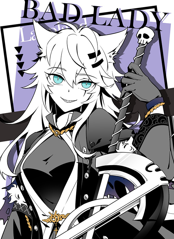 1girl animal_ear_fluff animal_ears antenna_hair aqua_eyes arknights border bracelet breasts buttons card card_background chain chain_around_neck chain_necklace character_name chinese_commentary cloak collared_jacket commentary cross dot_nose dress drop_shadow english_text fur-trimmed_jacket fur-trimmed_sleeves fur_trim gloves greyscale greyscale_with_colored_background hair_between_eyes hair_ornament hairclip holding holding_sword holding_weapon jacket jewelry lappland_(arknights) lappland_(refined_horrormare)_(arknights) latin_cross lavender_background layered_sleeves long_hair long_sleeves looking_at_viewer medium_breasts messy_hair monochrome necklace official_alternate_costume outside_border parted_lips scar scar_across_eye scar_on_face shadow sharp_teeth short_over_long_sleeves short_sleeved_jacket short_sleeves simple_background skull smile solo spot_color spotlight sword teeth upper_body weapon weibo_1834989465 wide_sleeves wolf_ears wolf_girl
