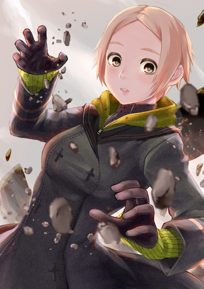 1girl black_coat black_gloves black_sailor_collar blonde_hair buttons coat commentary_request debris double-breasted dutch_angle gloves green_hoodie grey_eyes hands_up hood hood_down hoodie layered_clothes long_sleeves looking_at_viewer maki_(nasulily) mujika_(utau) parted_lips ribbed_sleeves sailor_collar short_hair solo upper_body utau wide-eyed