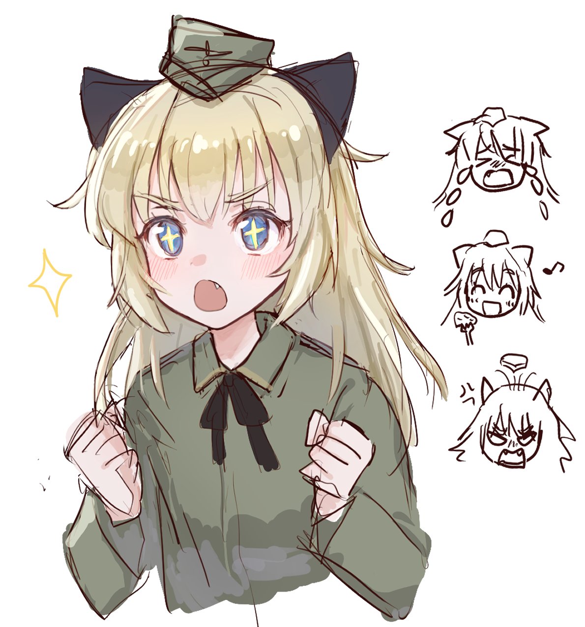 1girl anger_vein black_bow blonde_hair blush bow chibi crying expressions fang garrison_cap hat helma_lennartz highres musical_note olive_gun_on_a_pigeon open_mouth sketch solo sparkle sparkling_eyes strike_witches world_witches_series