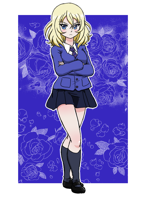 1girl bc_freedom_school_uniform black_dress black_footwear black_socks blonde_hair blue_background blue_cardigan blue_eyes blue_necktie cardigan closed_mouth commentary crossed_arms dress dress_shirt floral_background frown full_body girls_und_panzer loafers long_sleeves looking_at_viewer mary_janes medium_hair messy_hair necktie oshida_(girls_und_panzer) outline pinafore_dress school_uniform shirt shoes short_dress sleeveless sleeveless_dress socks solo standing takahashi_kurage textless_version white_outline white_shirt wing_collar