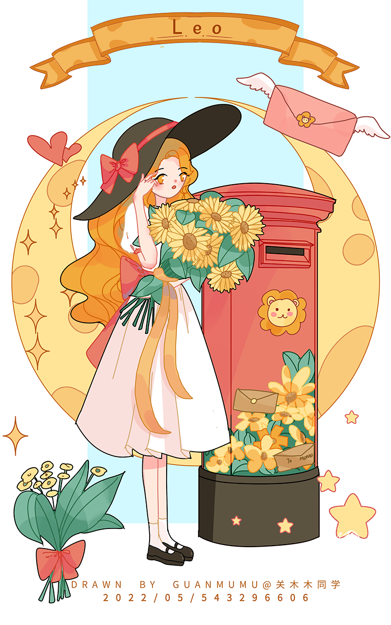 1girl ankle_socks artist_name back_bow banner black_footwear black_headwear bouquet bow crescent_moon dated dress english_text envelope floral_print flower flower_request full_body guanmumu hat hat_bow heart highres holding holding_bouquet leo_(constellation) light_blush lion_print long_hair looking_at_viewer mailbox_(incoming_mail) mary_janes medium_dress moon open_mouth orange_eyes orange_hair orange_ribbon original pleated_dress puffy_short_sleeves puffy_sleeves red_bow red_sash ribbon sash shoes short_sleeves socks solo sparkle star_(symbol) sun_hat sunflower waist_sash wavy_hair white_background white_dress white_socks