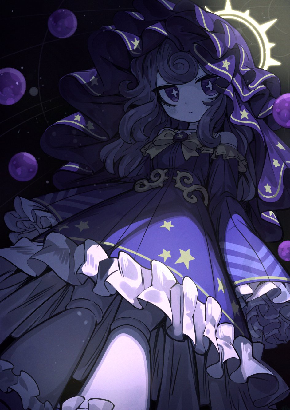 1girl bare_shoulders blush closed_mouth cross-shaped_pupils doll_joints dress english_commentary frilled_dress frills from_below halo highres joints ketopon long_hair looking_at_viewer orb original purple_hair purple_theme purple_veil sleeves_past_wrists solo star_(symbol) star_print symbol-shaped_pupils veil violet_eyes yellow_halo