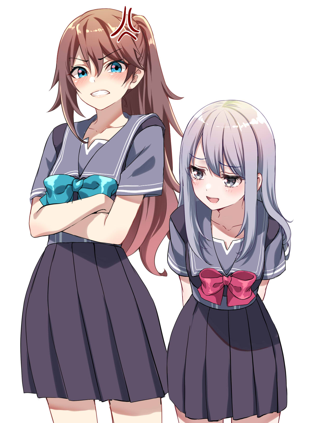 2girls anger_vein aqua_bow aqua_bowtie aqua_eyes arms_behind_back bow bowtie brown_hair crossed_arms dress grey_eyes grey_hair grey_sailor_collar grimace height_difference highres long_hair looking_at_another multiple_girls naughty_face open_mouth original purple_dress purple_serafuku red_bow red_bowtie sailor_collar school_uniform serafuku smile tottoto_tomekichi very_long_hair white_background yuri