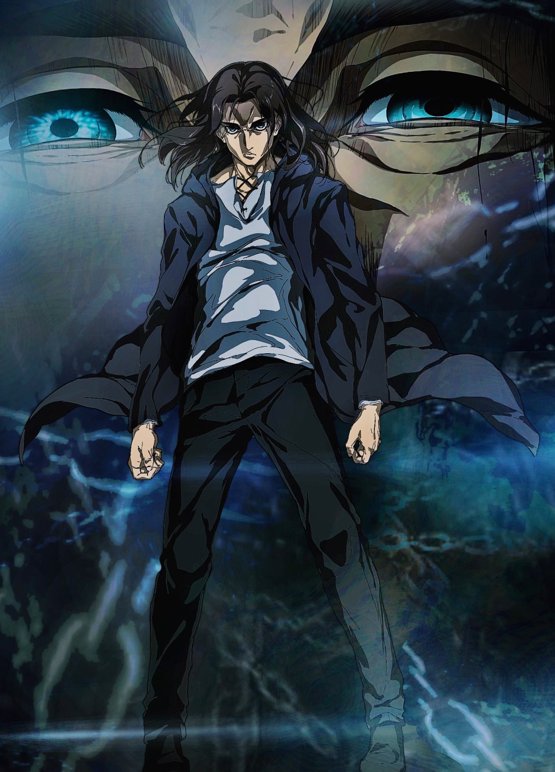 1boy angry arms_at_sides brown_hair chain close-up daisx_(dais0115) eren_yeager eye_focus eyelashes floating_hair frown full_body glowing glowing_eye green_eyes head_tilt highres jacket looking_at_viewer male_focus medium_hair official_style open_clothes open_jacket pants shingeki_no_kyojin standing thick_eyebrows