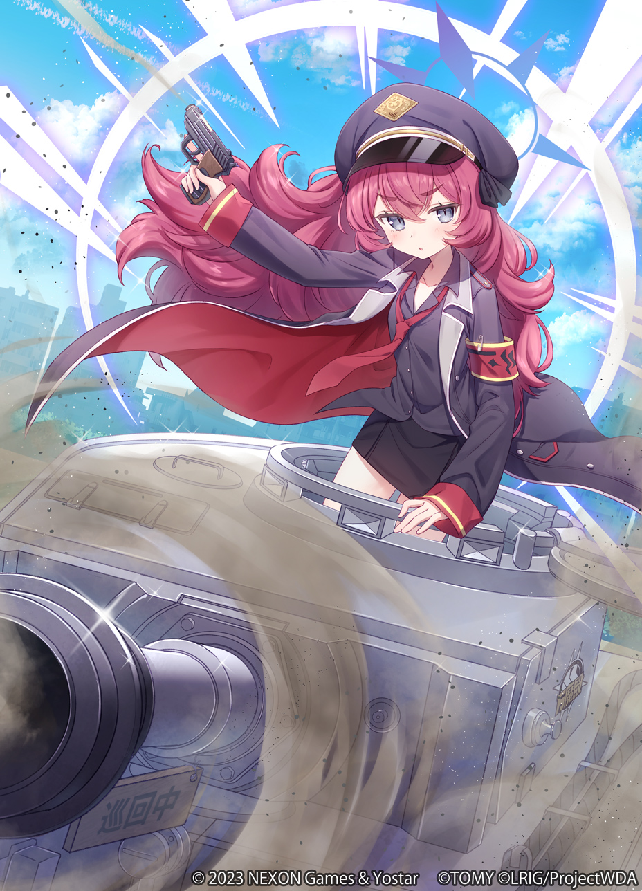 1girl 90kyuuri armband black_headwear black_ribbon black_skirt blue_archive blush clouds coat collared_shirt day gun hair_between_eyes hair_ribbon halo hat highres holding holding_gun holding_weapon iroha_(blue_archive) long_hair long_sleeves looking_at_viewer military_vehicle motor_vehicle necktie official_art open_clothes open_coat outdoors parted_lips red_armband red_necktie redhead ribbon shirt skirt sky solo tank weapon wixoss