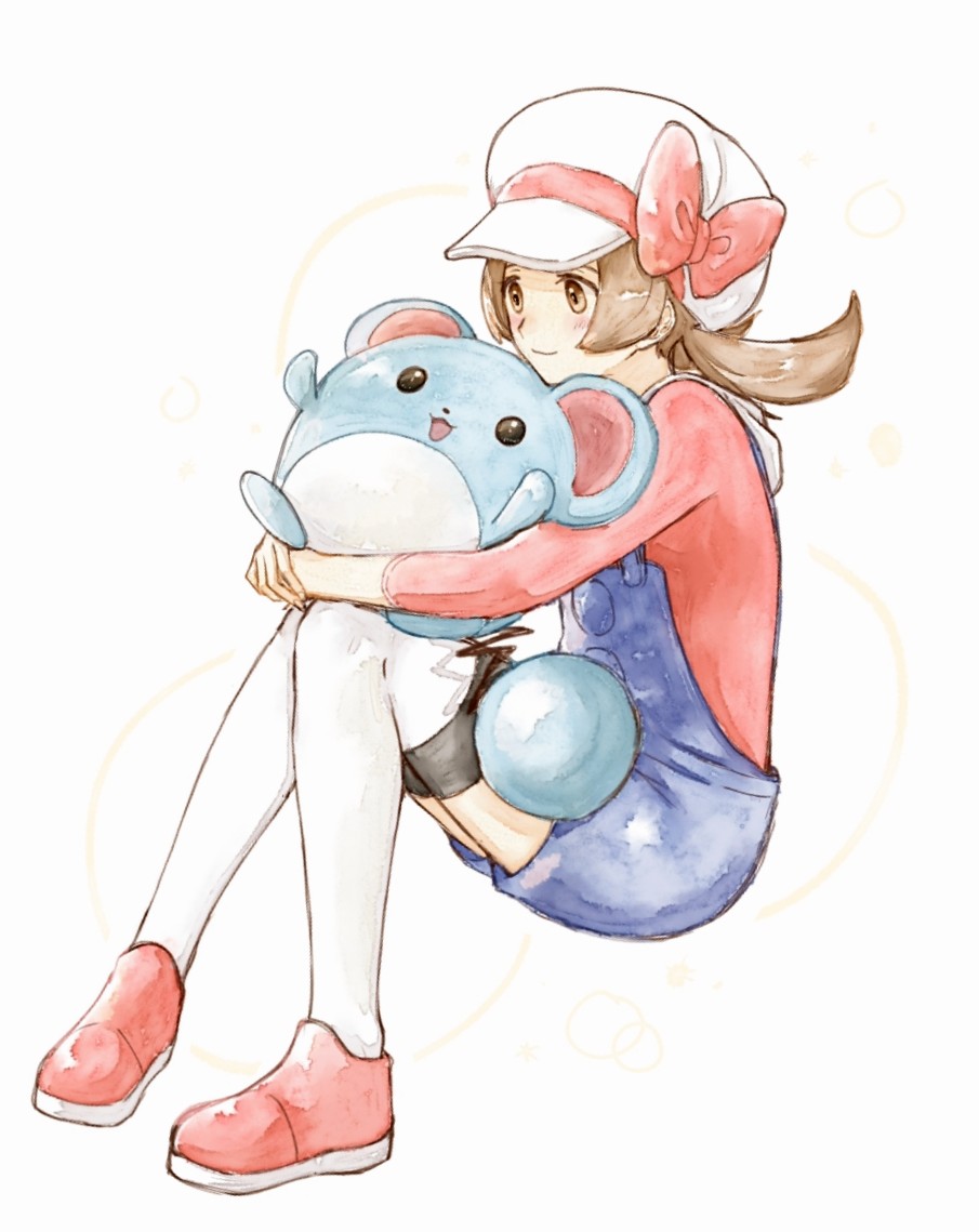 1girl asuka_rkgk blue_overalls blush bow brown_eyes brown_hair cabbie_hat closed_mouth hat hat_bow holding holding_pokemon long_hair lyra_(pokemon) marill overalls pink_bow pink_footwear pink_shirt pokemon pokemon_(creature) pokemon_(game) pokemon_hgss shirt shoes sitting sleeves_past_elbows smile thigh-highs white_headwear white_thighhighs