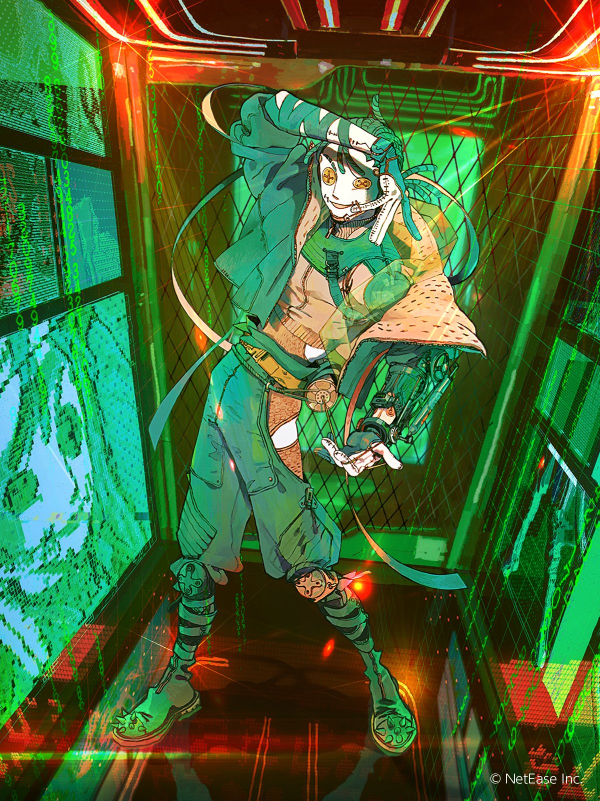 alternate_costume amazu_(mokeketenkomori) arm_wrap belt binary boots brown_jacket button_eyes colored_skin copyright full_body gauntlets gloves green_footwear green_gloves green_hair green_jacket green_pants green_theme hair_pulled_back hand_up highres hip_vent holographic_interface identity_v indoors jacket knee_pads layered_clothes legs_apart long_hair looking_at_viewer low_ponytail male_focus naib_subedar official_art pants partially_fingerless_gloves reflective_floor science_fiction screen shoulder_guard single_gauntlet solid_eyes solo spiked_footwear standing stitched_mouth stitches string two-sided_fabric two-sided_jacket uneven_eyes white_skin yellow_belt yellow_eyes zipper_pull_tab