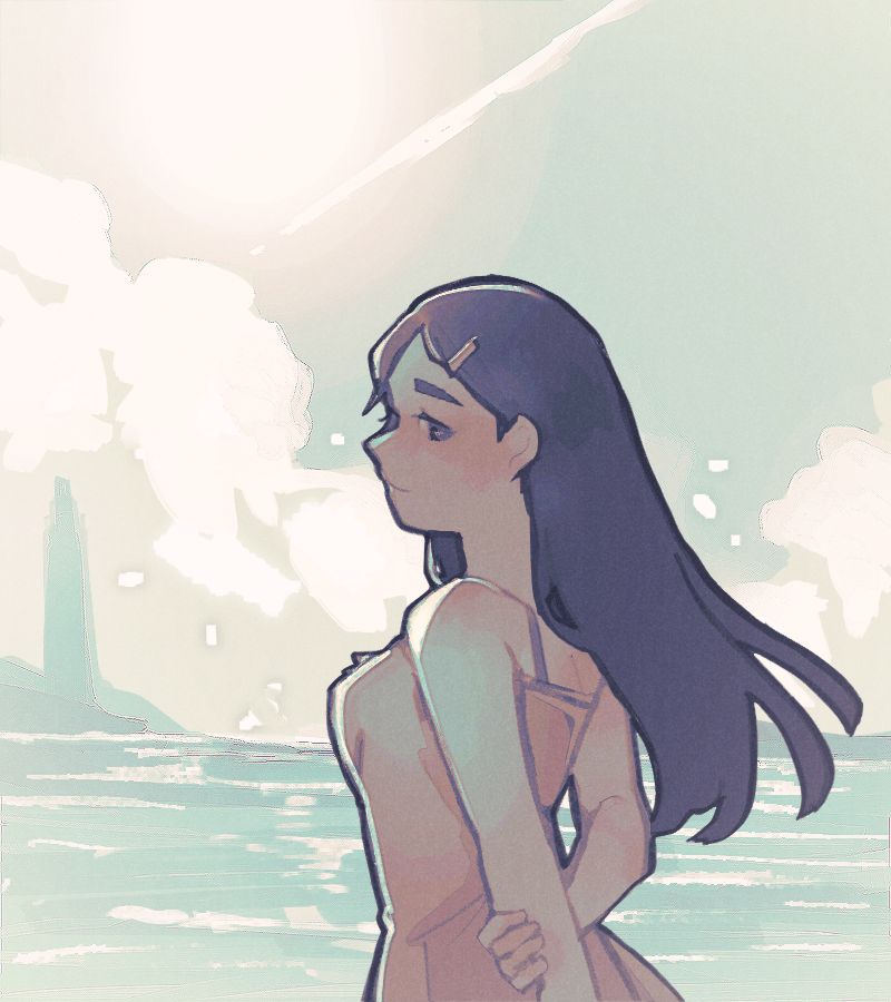 1girl arm_behind_back black_hair blush breasts closed_mouth clouds cloudy_sky from_side hair_ornament hairclip holding_own_arm lighthouse long_hair looking_at_viewer medium_breasts mizuki_hamasaki ocean seaside sky solo world_of_horror xqxbi