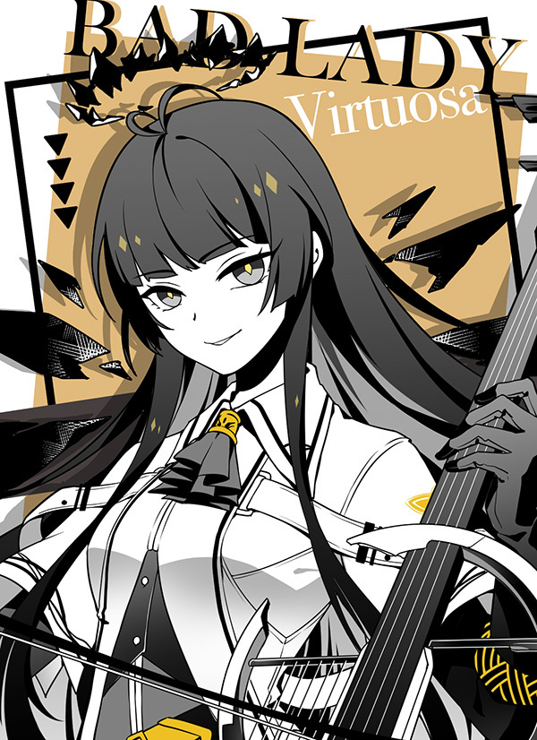 1girl antenna_hair arknights ascot belt belt_buckle blunt_bangs border bow_(music) breasts broken_halo buckle bustier buttons card card_background cello character_name chinese_commentary collared_jacket commentary commentary_request dark_halo detached_wings dot_nose dress_shirt drop_shadow energy_wings english_text gloves greyscale greyscale_with_colored_background halo hand_up hime_cut holding holding_bow_(music) holding_instrument holding_violin instrument jacket layered_sleeves long_hair long_sleeves looking_at_viewer medium_breasts monochrome music outside_border parted_lips playing playing_instrument sepia_background shadow shirt short_over_long_sleeves short_sleeved_jacket short_sleeves sidelocks simple_background smile solo spot_color spotlight teeth upper_body violin virtuosa_(arknights) weibo_1834989465 wide_sleeves wings
