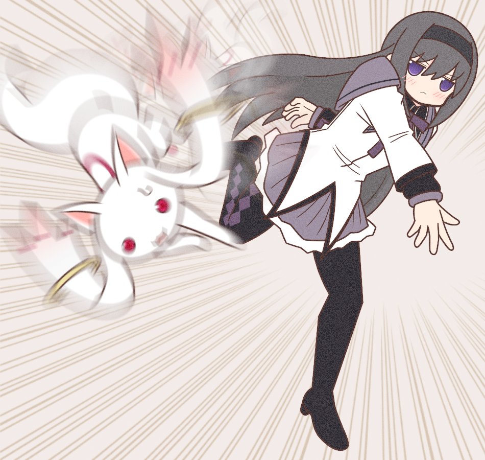 1girl 1other akemi_homura anime_girl_throwing_things_(meme) black_capelet black_footwear black_hair black_hairband black_skirt boots bow bowtie capelet comedy frilled_skirt frills hairband high_heel_boots high_heels kyubey layered_sleeves long_hair long_sleeves looking_at_viewer magical_girl mahou_shoujo_madoka_magica meme pantyhose purple_bow purple_bowtie red_eyes skirt standing standing_on_one_leg throwing very_long_hair violet_eyes yuno385