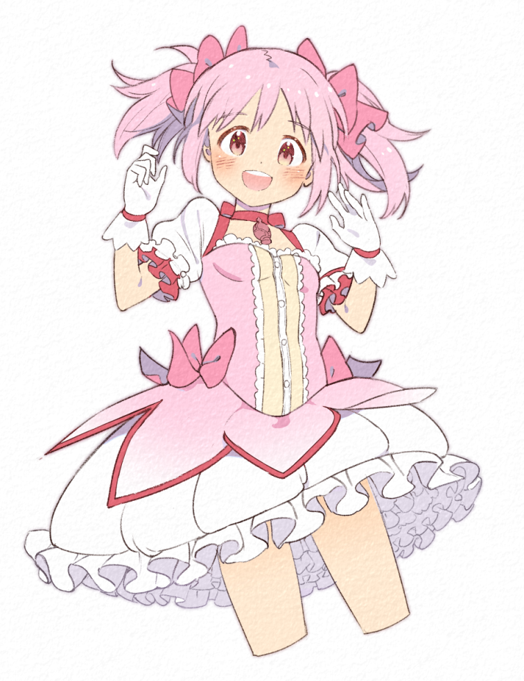 1girl aaauuueeerrr bare_legs bow breasts bubble_skirt buttons center_frills choker cowboy_shot cropped_legs dot_nose frilled_skirt frilled_sleeves frills gloves hair_ribbon hands_up kaname_madoka legs_apart light_blush mahou_shoujo_madoka_magica mahou_shoujo_madoka_magica_(anime) open_mouth pink_bow pink_eyes pink_hair pink_ribbon puffy_short_sleeves puffy_sleeves red_choker red_ribbon ribbon ribbon_choker round_teeth short_sleeves short_twintails sidelocks simple_background skirt small_breasts smile solo soul_gem tareme teeth twintails upper_teeth_only waist_bow white_background white_gloves white_skirt