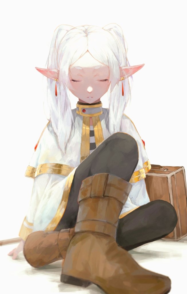 1girl boots briefcase brown_footwear capelet closed_eyes earrings elf frieren jewelry knee_up long_hair niri_(eunhaha02) on_ground pointy_ears sitting solo sousou_no_frieren white_background white_capelet white_hair