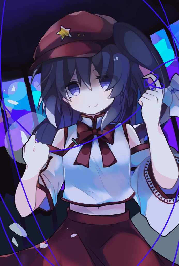 1girl bare_shoulders bow bowtie cabbie_hat chuqi1030 commentary detached_sleeves hat hat_ornament head_tilt label_girl_(dipp) long_hair long_sleeves looking_at_viewer mandarin_collar midriff_peek navel noose red_bow red_bowtie red_headwear red_skirt rope side_ponytail skirt smile solo star_(symbol) star_hat_ornament symbol-only_commentary touhou violet_eyes white_sleeves wide_sleeves