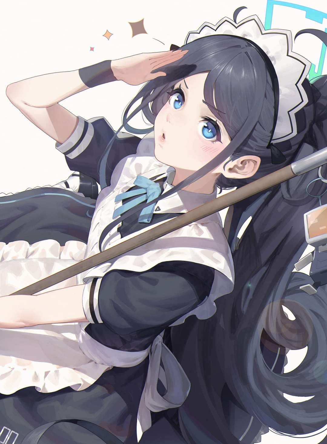 1girl absurdly_long_hair apron aris_(blue_archive) aris_(maid)_(blue_archive) black_dress black_hair blue_archive blue_eyes blue_halo blush dress frilled_apron frills ggymj halo highres long_hair maid maid_apron maid_headdress parted_lips short_sleeves simple_background solo very_long_hair white_apron white_background
