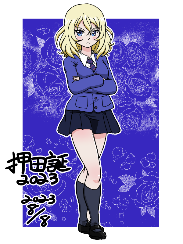 1girl 2023 bc_freedom_school_uniform birthday black_dress black_footwear black_socks blonde_hair blue_background blue_cardigan blue_eyes blue_necktie cardigan character_name closed_mouth commentary crossed_arms dated dress dress_shirt floral_background frown full_body girls_und_panzer loafers long_sleeves looking_at_viewer mary_janes medium_hair messy_hair necktie oshida_(girls_und_panzer) outline pinafore_dress school_uniform shirt shoes short_dress sleeveless sleeveless_dress socks solo standing takahashi_kurage translated white_outline white_shirt wing_collar
