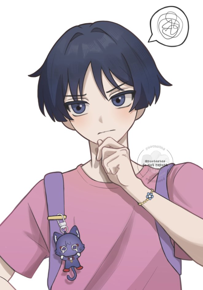 1boy annoyed bishounen cat cosplay dora_marquez dora_marquez_(cosplay) dora_the_explorer genshin_impact male_focus open_mouth pootaetae purple_hair scaramouche_(cat)_(genshin_impact) scaramouche_(genshin_impact) shirt short_hair simple_background solo spoken_squiggle squiggle upper_body violet_eyes white_background