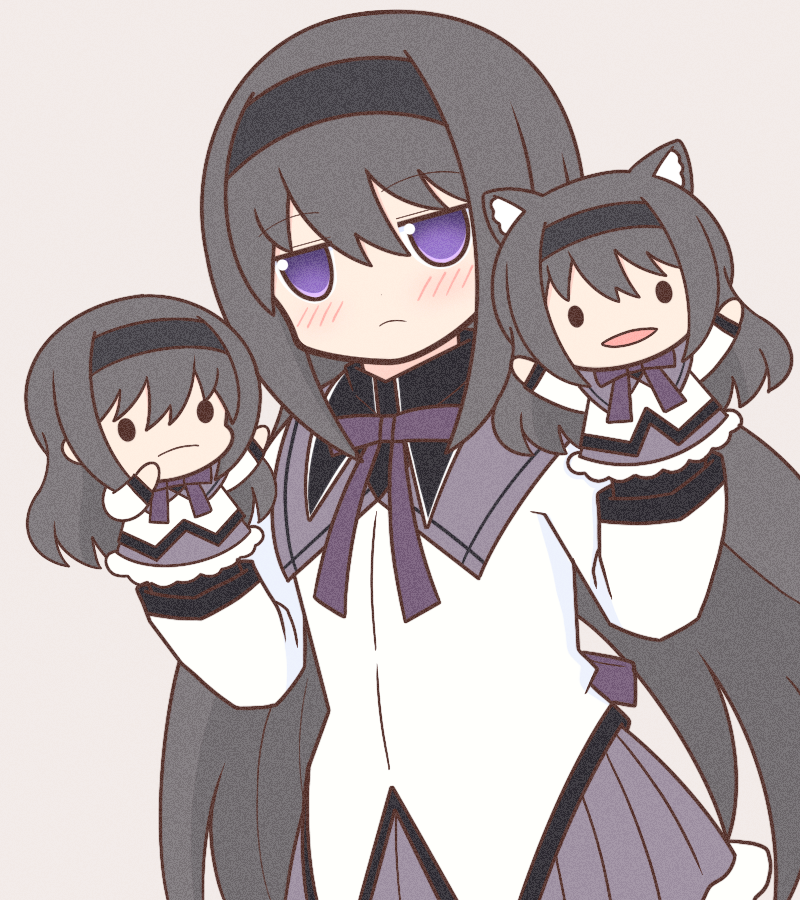 1girl :o akemi_homura animal animal_ears black_capelet black_hair black_hairband bow bowtie capelet cat_ears frilled_skirt frills hairband hand_puppet long_hair long_sleeves looking_at_viewer magical_girl mahou_shoujo_madoka_magica puppet purple_bow purple_bowtie sidelocks skirt standing very_long_hair violet_eyes white_background yuno385