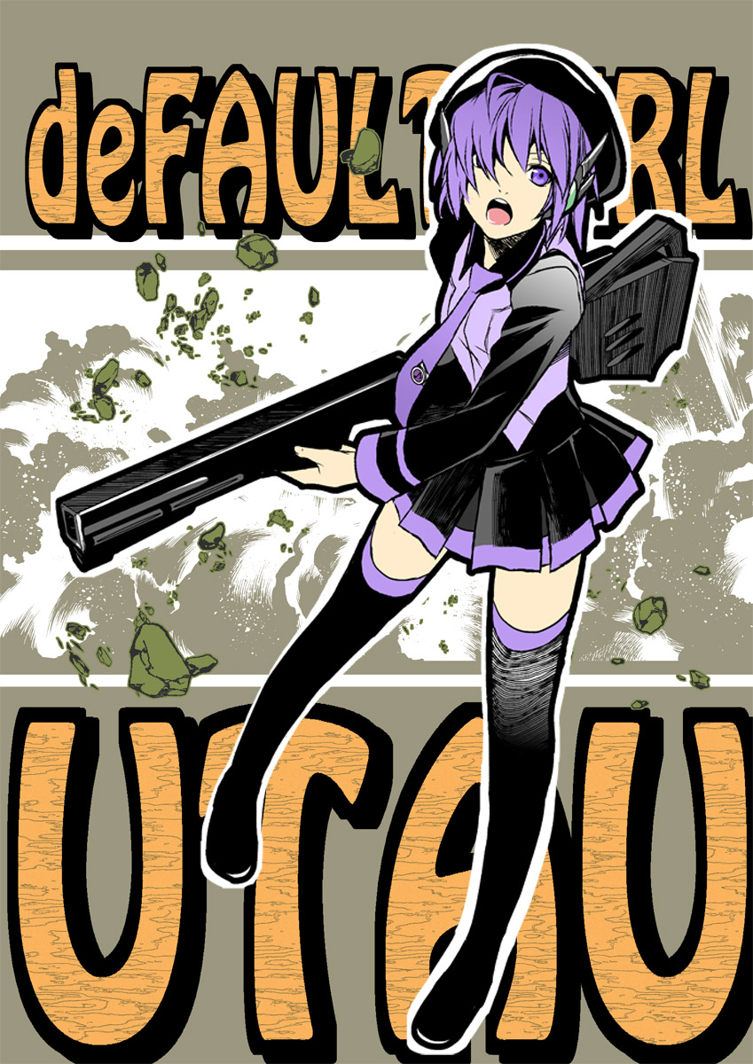 1girl beret black_footwear black_headwear black_skirt black_sleeves boots carrying carrying_under_arm character_name collared_shirt commentary_request debris english_text explosion full_body hair_over_one_eye hat highres holding_cannon looking_at_viewer looking_up maki_(nasulily) necktie one_eye_covered open_mouth outline pleated_skirt purple_hair purple_necktie purple_shirt robot_ears shirt short_hair skirt solo thigh_boots utane_uta utau violet_eyes white_outline