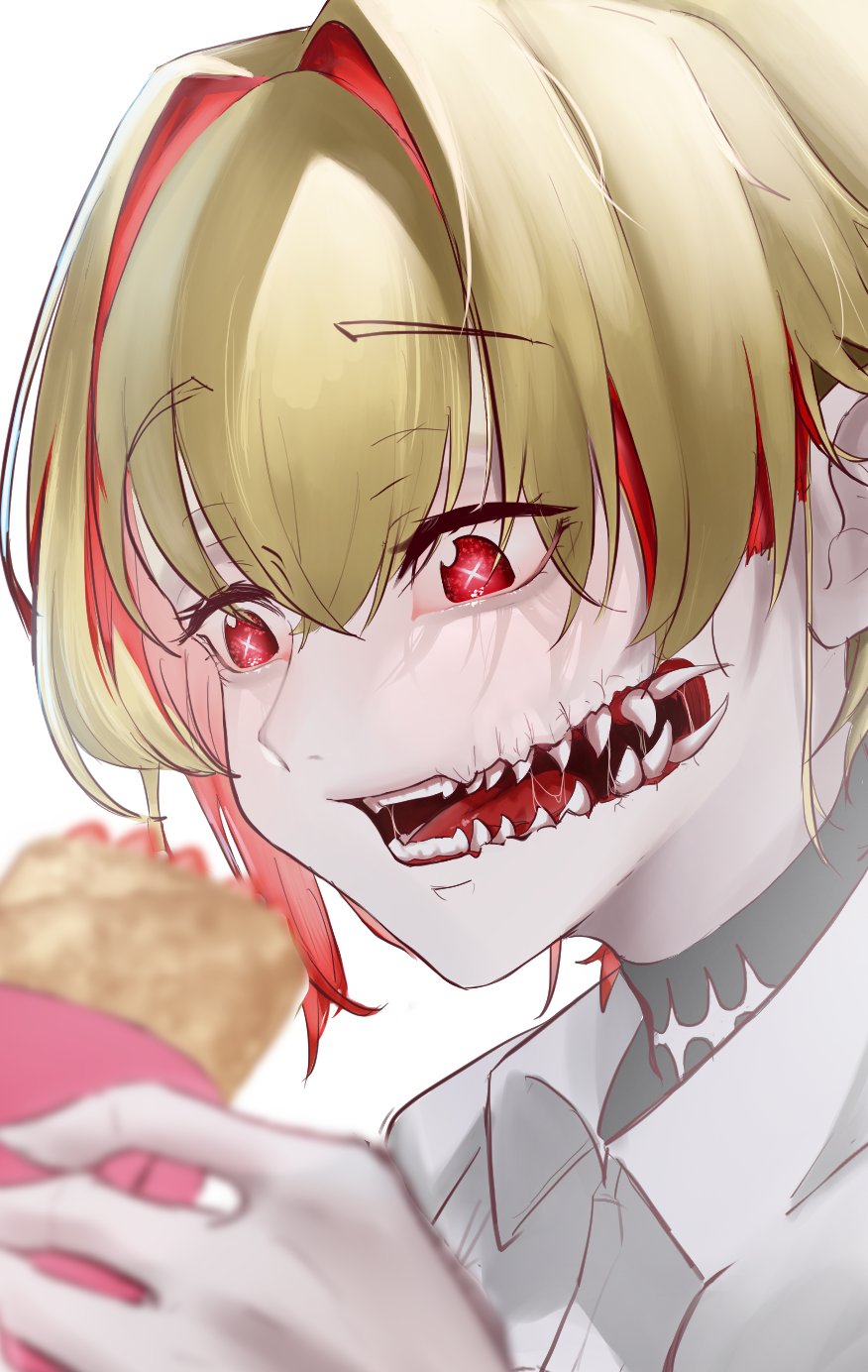 1girl blonde_hair bright_pupils collared_shirt colored_sclera crepe crossed_bangs curtained_hair food from_side glasgow_smile highres holding holding_food looking_at_food monster_girl multicolored_hair open_mouth original red_eyes red_sclera redhead saliva scar scar_on_neck sharp_teeth shirt solo streaked_hair teeth transparent_background user_tomuanago white_background white_pupils white_shirt