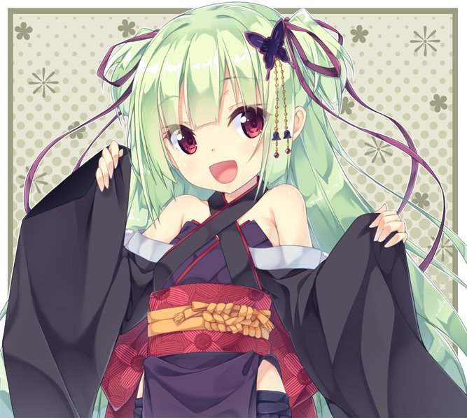 1girl :d akishisu_(air_balance) bare_shoulders black_kimono blunt_bangs blunt_ends blush border breasts butterfly_hair_ornament commentary criss-cross_halter eyelashes eyes_visible_through_hair floral_print green_background green_hair hair_ornament hair_ribbon halterneck hands_up happy hime_cut japanese_clothes kimono long_hair looking_at_viewer murasame_(senren) obi open_mouth pink_ribbon polka_dot polka_dot_background red_eyes red_sash ribbon sash senren_banka sidelocks simple_background sleeves_past_wrists small_breasts smile solo straight_hair two_side_up upper_body very_long_hair white_border wide_sleeves