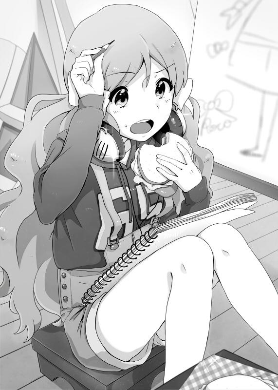 1girl blush_stickers bow buttons child's_drawing commentary_request crumbs denim denim_shorts eating feet_out_of_frame food greyscale hair_bow hand_on_own_head handa_roco headphones headphones_around_neck holding holding_food holding_pencil hood hood_down hoodie idolmaster idolmaster_million_live! indoors long_hair long_sleeves looking_at_object monochrome notebook open_mouth overalls pencil raised_eyebrow sandwich shorts solo stool teeth upper_teeth_only very_long_hair wavy_hair witoi_(roa) wooden_floor