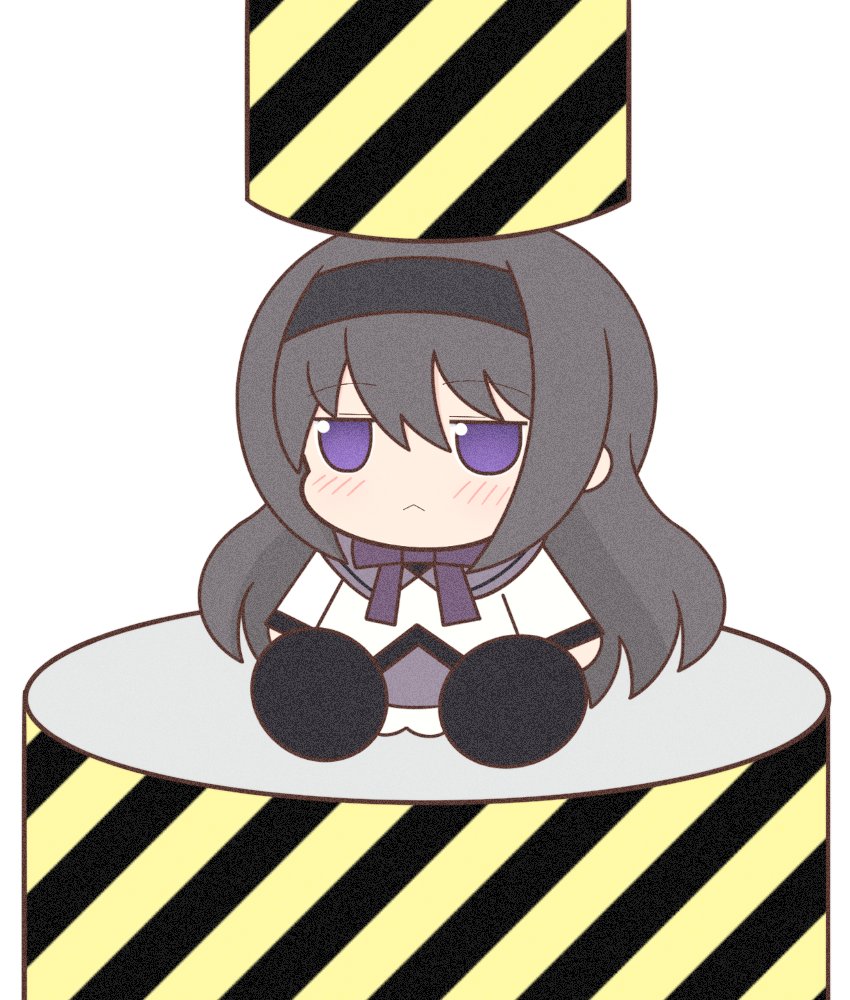 1girl :&lt; akemi_homura black_capelet black_hair black_hairband boots bow bowtie capelet chibi dress frilled_dress frills hairband hydraulic_press layered_dress light_particles long_hair magical_girl mahou_shoujo_madoka_magica purple_bow purple_bowtie sidelocks sitting sitting_on_object solo tail very_long_hair violet_eyes white_background yuno385