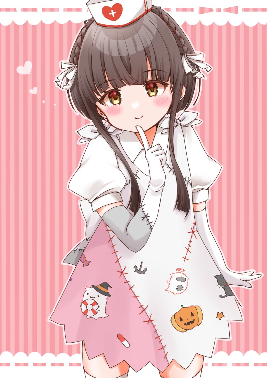 1girl blush braid brown_eyes brown_hair cocoperino crown_braid dress elbow_gloves gloves hair_ribbon halloween_costume hat heart highres index_finger_raised kantai_collection looking_at_viewer nurse nurse_cap official_alternate_costume patchwork_clothes puffy_short_sleeves puffy_sleeves ribbon short_hair_with_long_locks short_sleeves simple_background smile solo thigh-highs ukuru_(kancolle) white_dress white_gloves white_ribbon