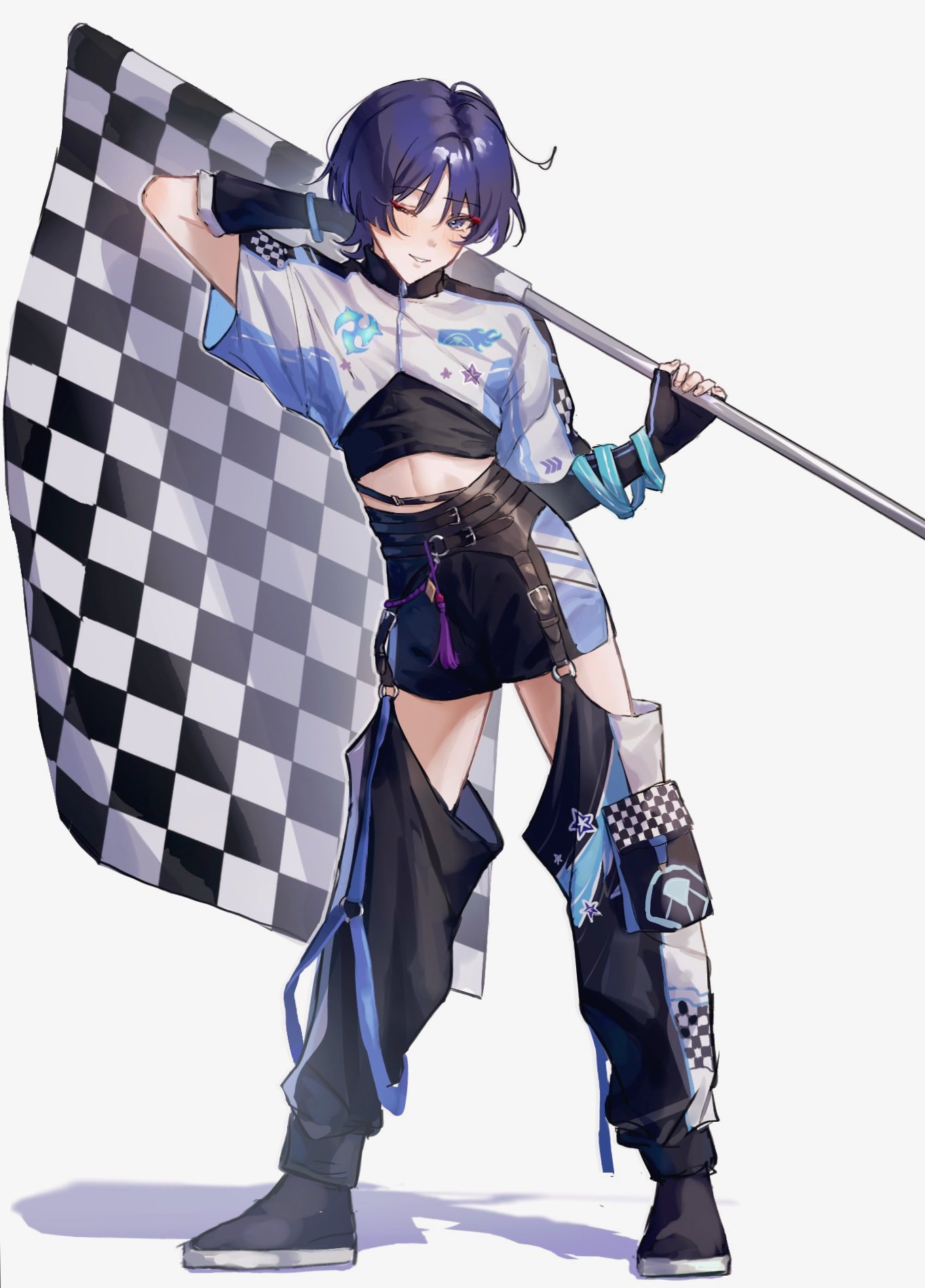 1boy auaua_0511 bishounen checkered_flag flag genshin_impact highres holding holding_flag male_focus one_eye_closed purple_hair racequeen scaramouche_(genshin_impact) short_hair shorts simple_background solo thighs violet_eyes white_background