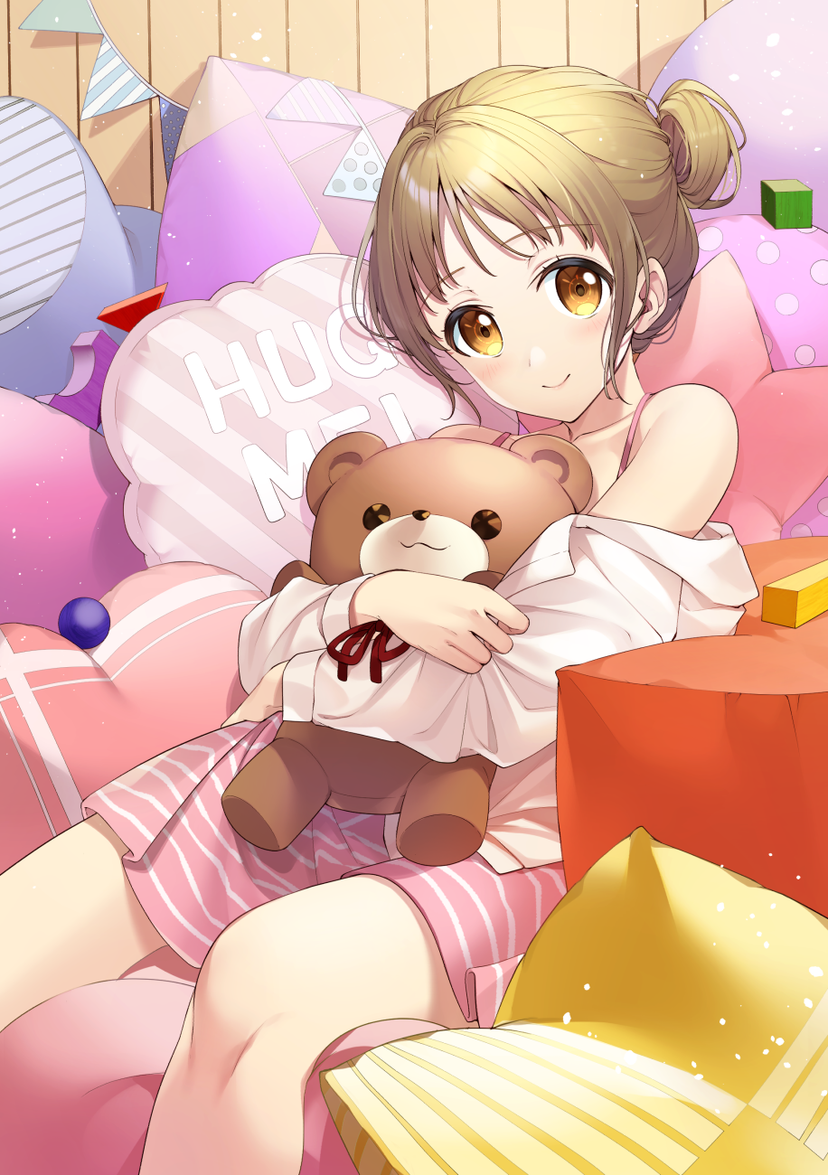 1girl blonde_hair blush bon_(bonbon315) closed_mouth cube english_text highres holding holding_stuffed_toy hugging_object looking_at_viewer orb original pillow pink_skirt red_ribbon ribbon shirt sitting skirt smile solo striped striped_skirt stuffed_animal stuffed_toy teddy_bear undressing white_shirt yellow_eyes